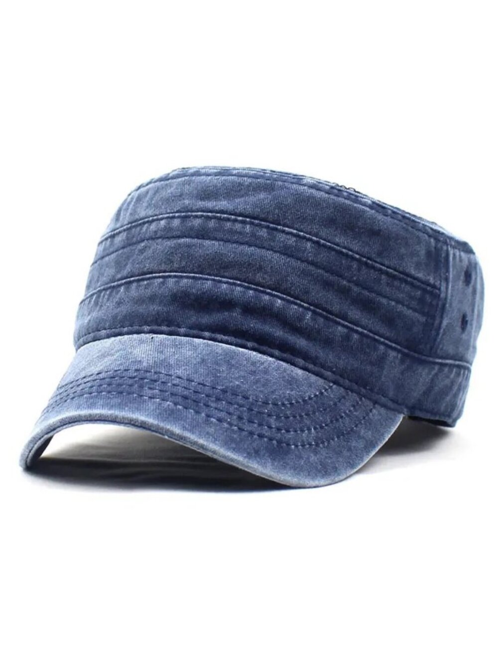 Navy Blue Washed Vintage Flat Top Cap, Cotton Military Cadet Army Caps Unique
